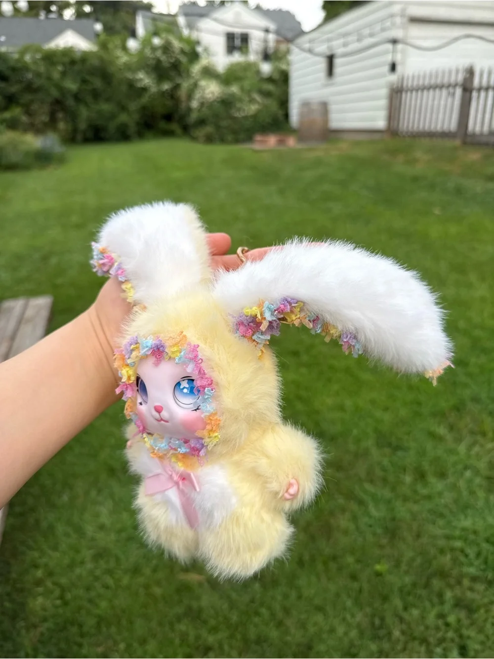 Cute Yellow Bunny Plush Keychain Baby Three with Pink Bow and trim-Gift for Kids